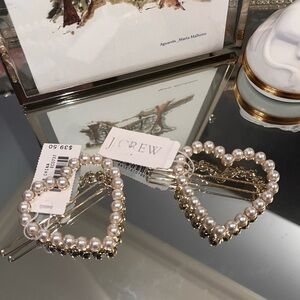J. Crew Gold and Pearl Heart Hair Clips
